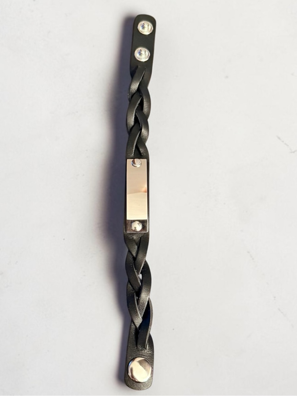 Black Braided Faux Leather ID Plate Bracelet Unisex Snap Closure Bracelet